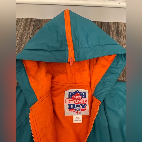 RARE Late 80s Miami Dolphins Vintage NFL Game Day Jacket Zip Hood Teal/Orange - Picture 2 of 16